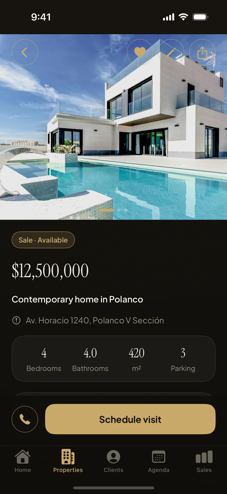 Property detail with photo carousel, specs and schedule visit button