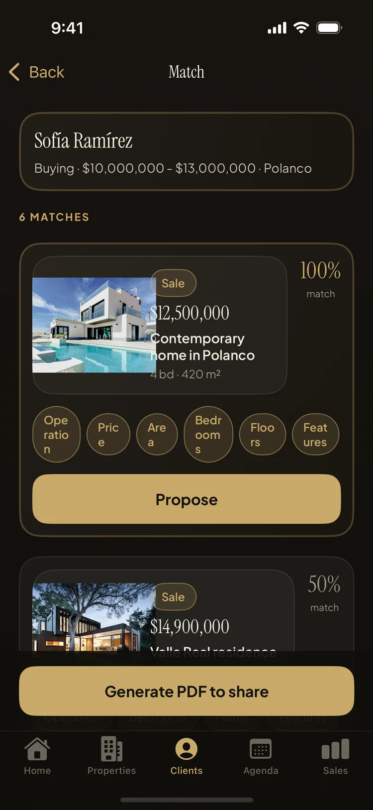 Client to property matching screen with ranked match percentages